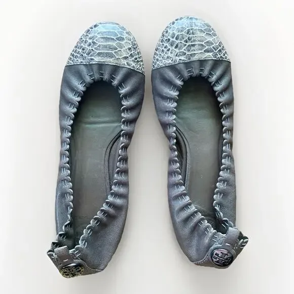 TORY BURCH Leather Snakeskin Ballet Flat Slip-On Shoe Grey Gunmetal Logo WMNS 9 - Picture 3 of 14